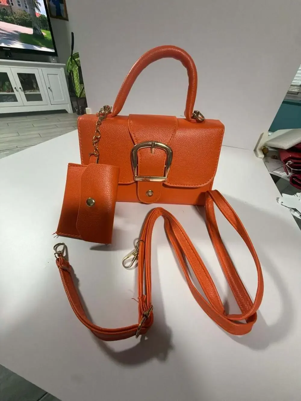 Orange Faux Leather Structured Top Handle Satchel with Crossbody Strap and Match